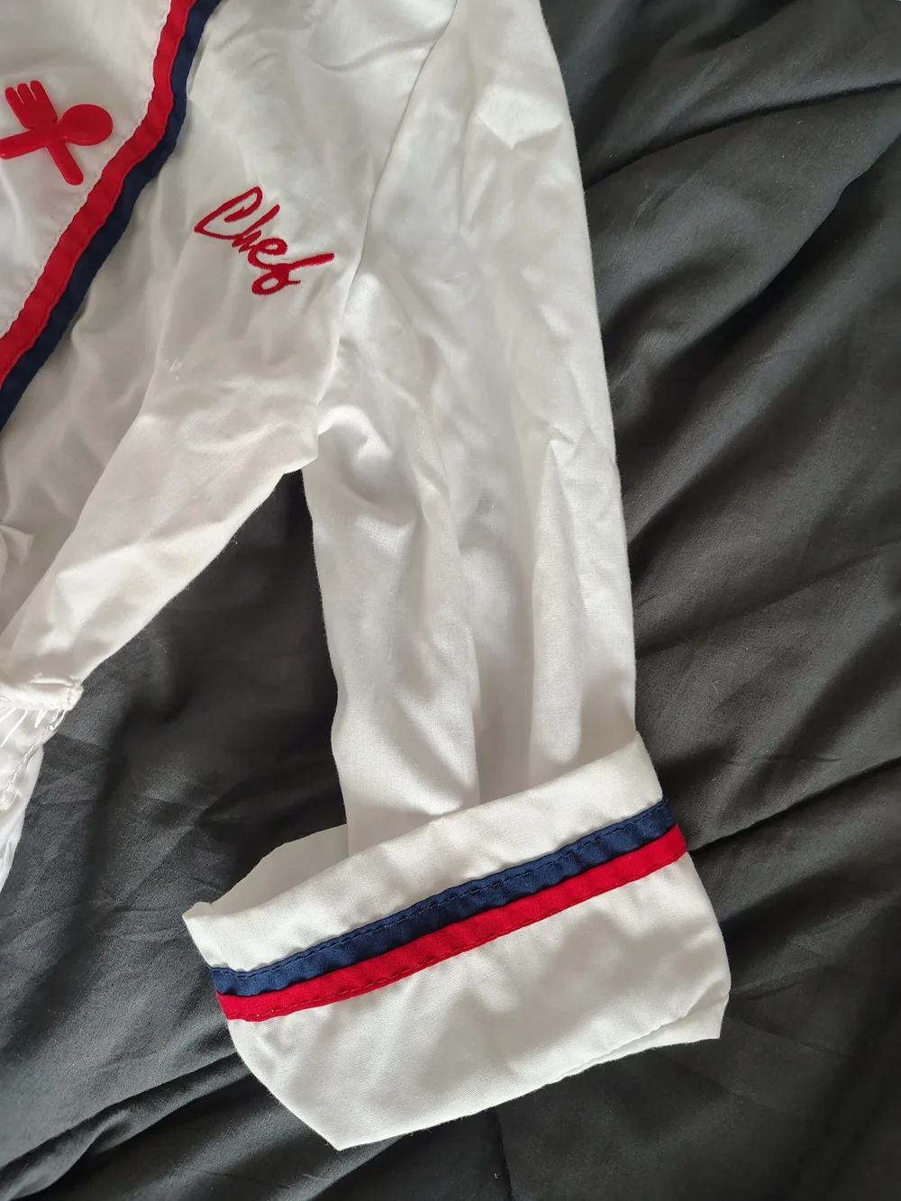 White Chef Jacket Wearable For Kids with Red and Navy Trim.Toys R US